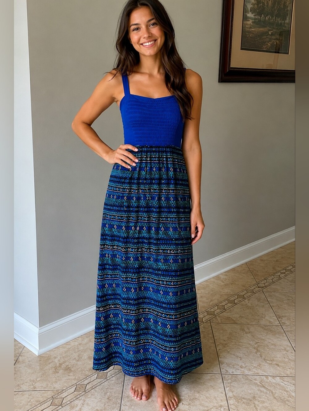 Mudd Blue Printed Maxi Dress – XS – Boho Sleeveless Summer Dress